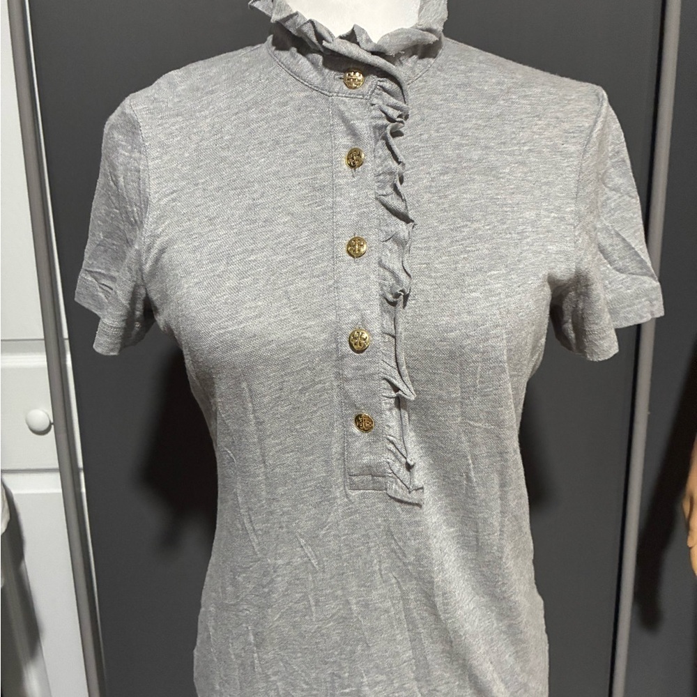 Tory Burch Gray Ruffled Button-Up Top